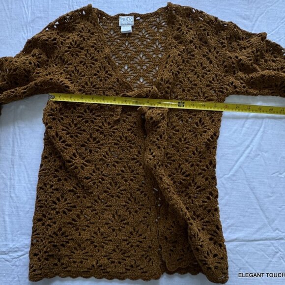 Moda International Womens Cardigan Sweater S Crochet Brown Open Front-Tie Knit - Picture 7 of 9